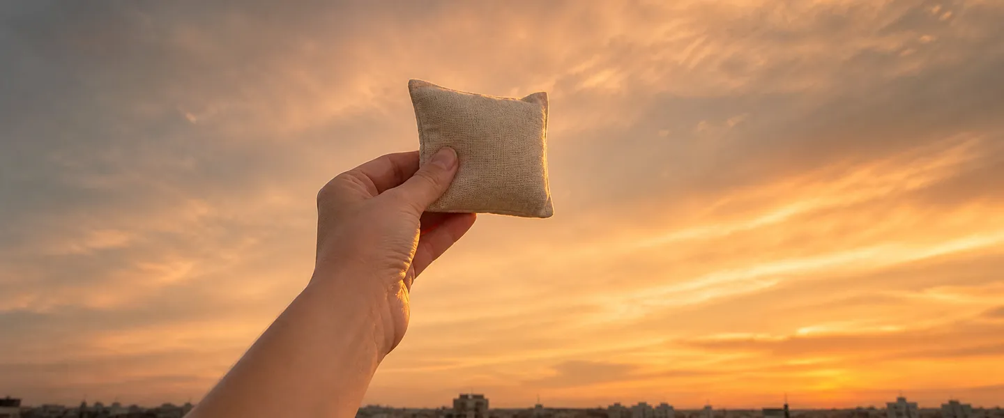 夕焼けの空に匂い袋を掲げている様子